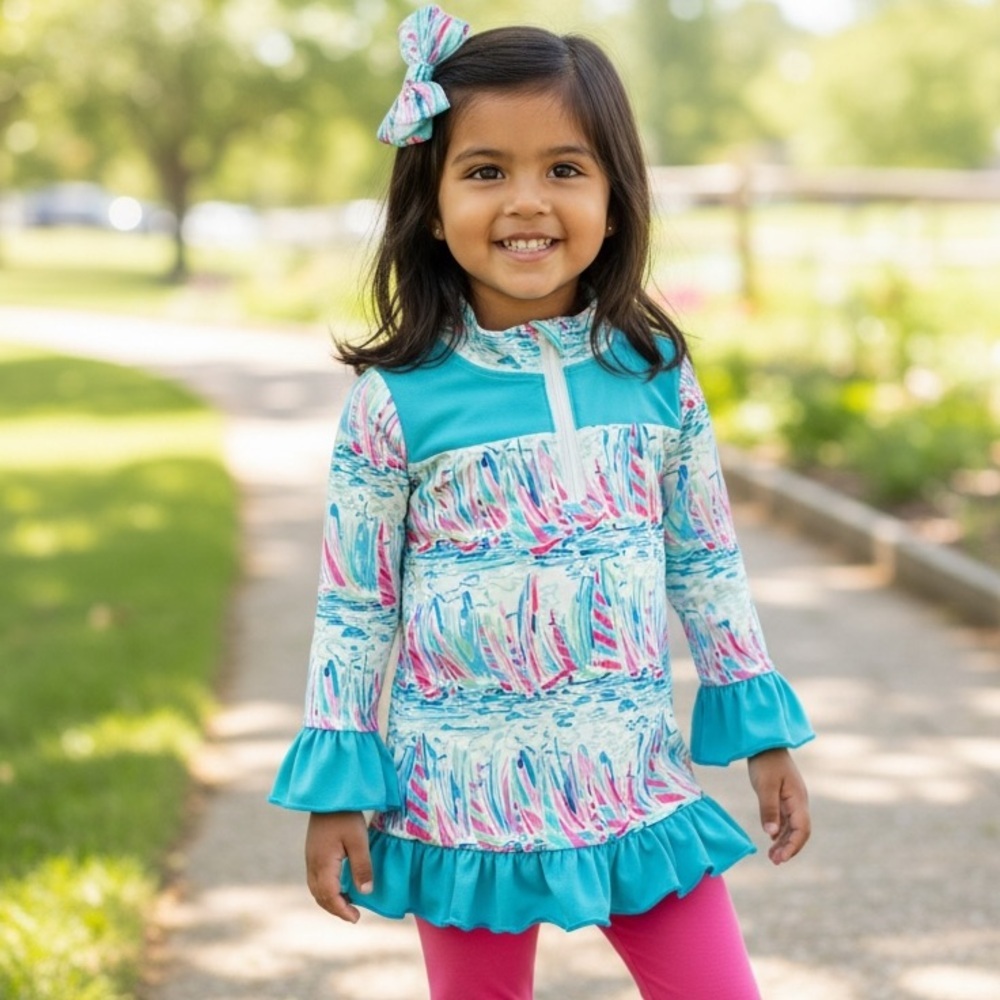 Lydia Reece 3T Quarter Zip Pullover Coastal Print Pastel Pink Blue ruffle hem